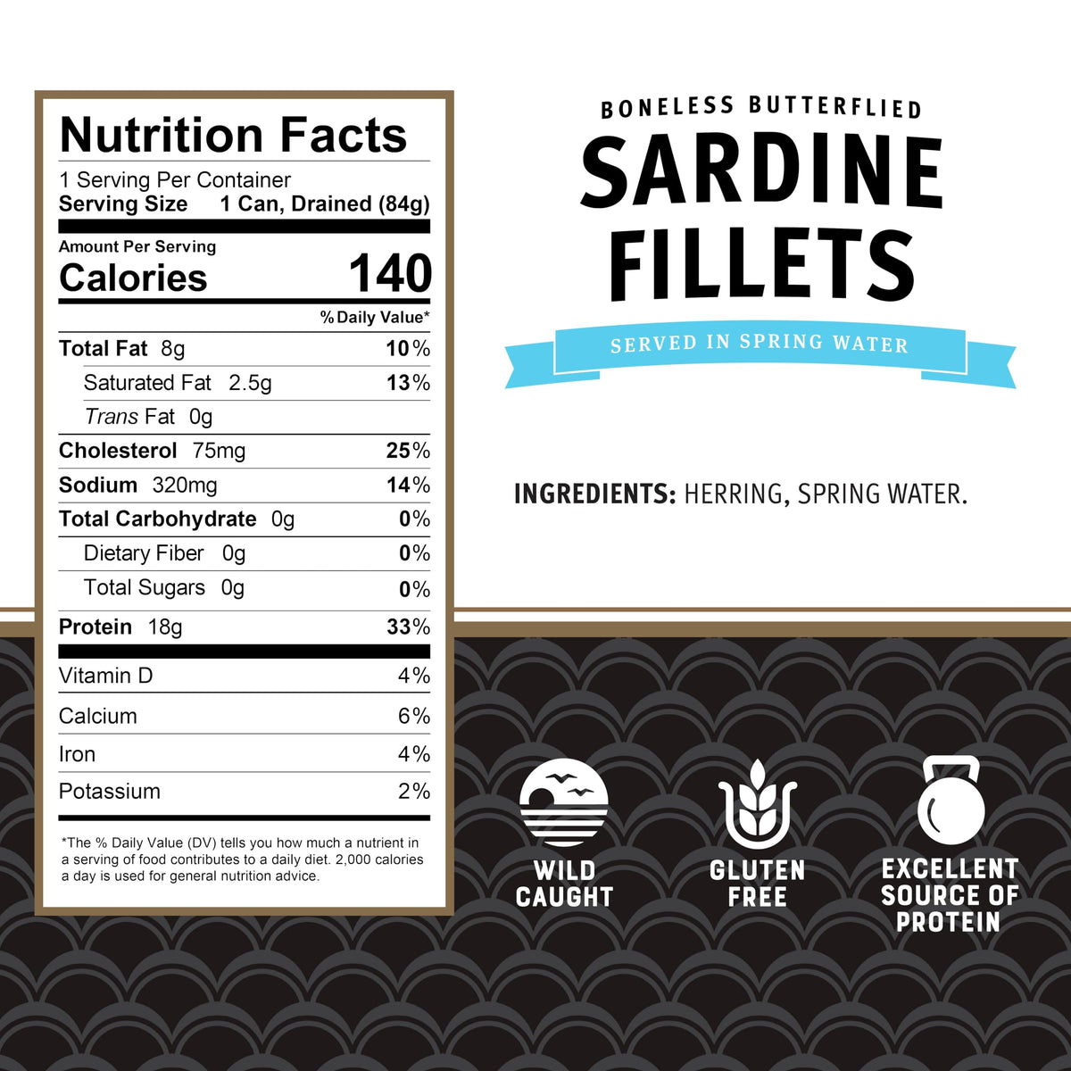 Brunswick wild caught sardines nutrition label highlights 18g protein