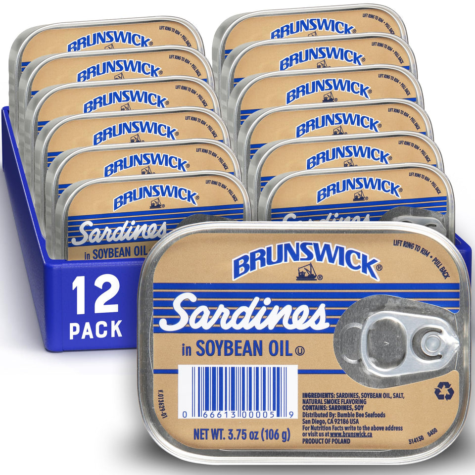 Brunswick wild-caught sardines in soybean oil can; quick, protein-rich meal option.