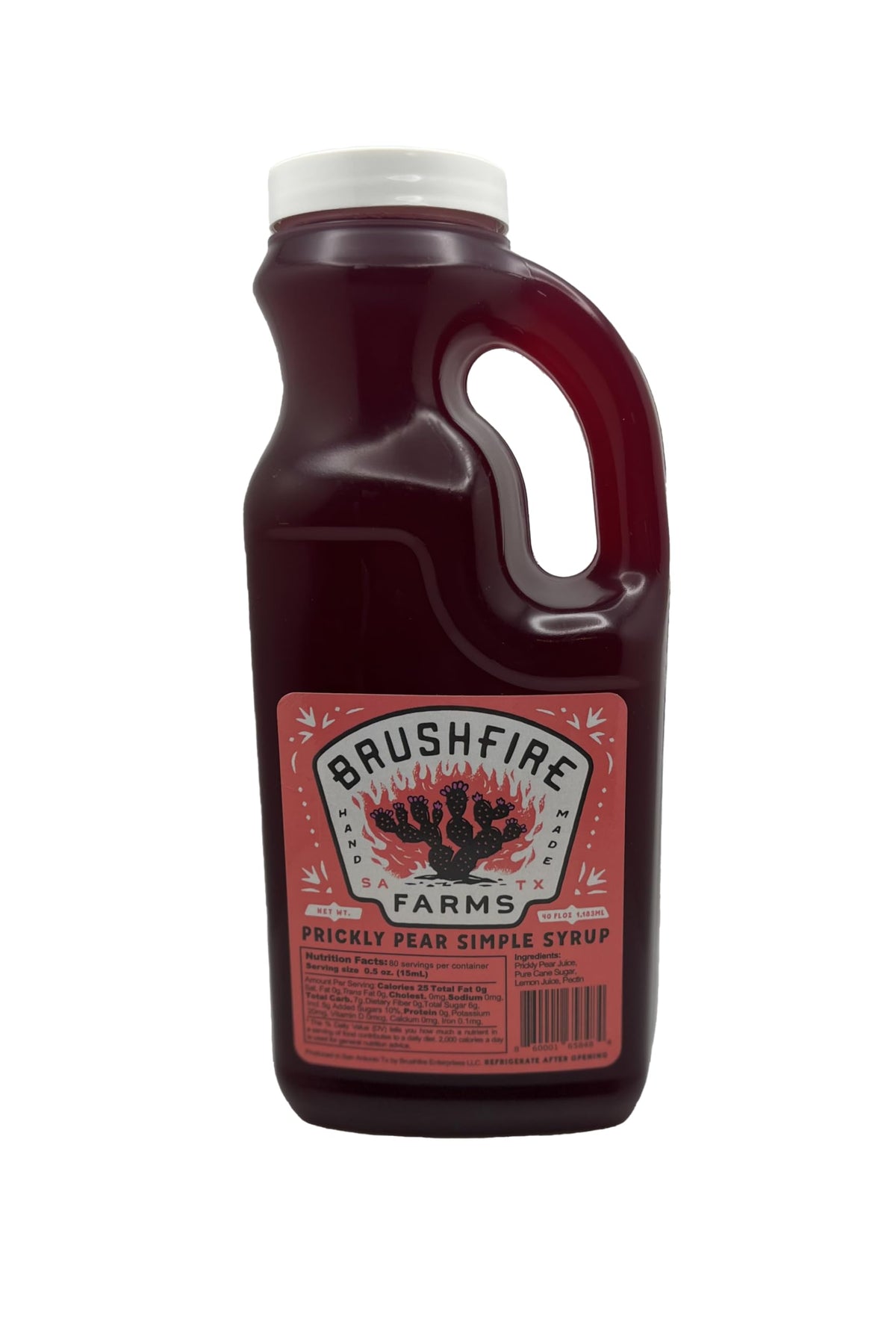 Brushfire Farms Prickly Pear Syrup bottle front ideal for cocktails and desserts.