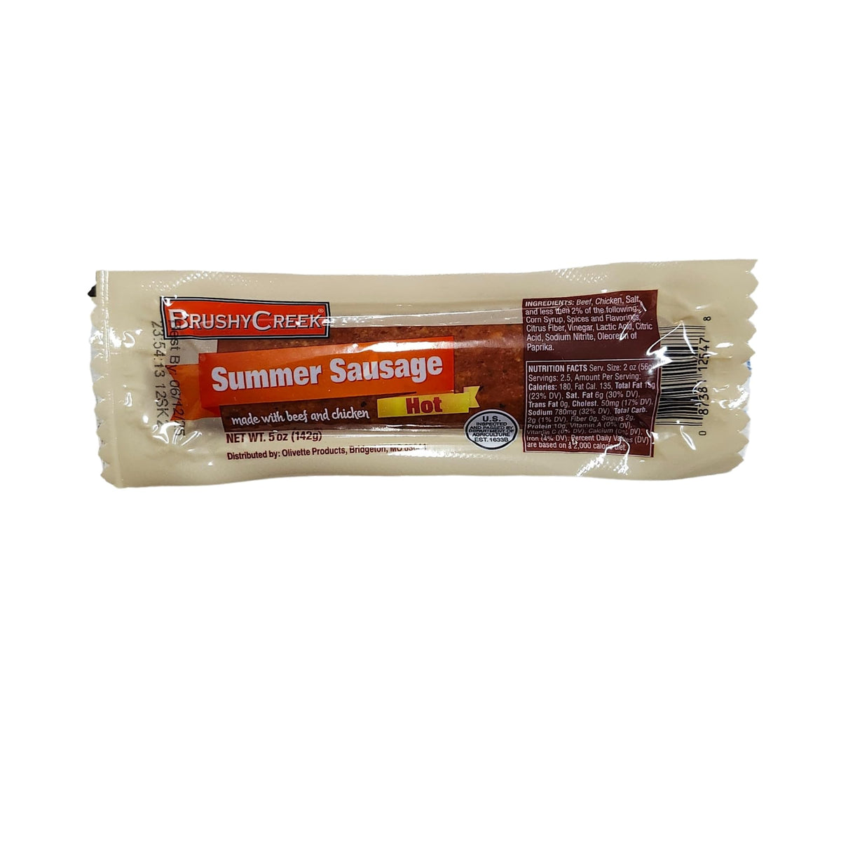 Brushy Creek Summer Sausage Hot 5oz 3-pack slices on platter, ideal for charcuterie.