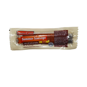 Brushy Creek Summer Sausage Hot 5oz 3-pack slices on platter, ideal for charcuterie.