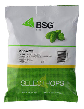 BSG Mosaic Hop Pellets 8oz packaging showcase aroma-ready hops for craft brews.