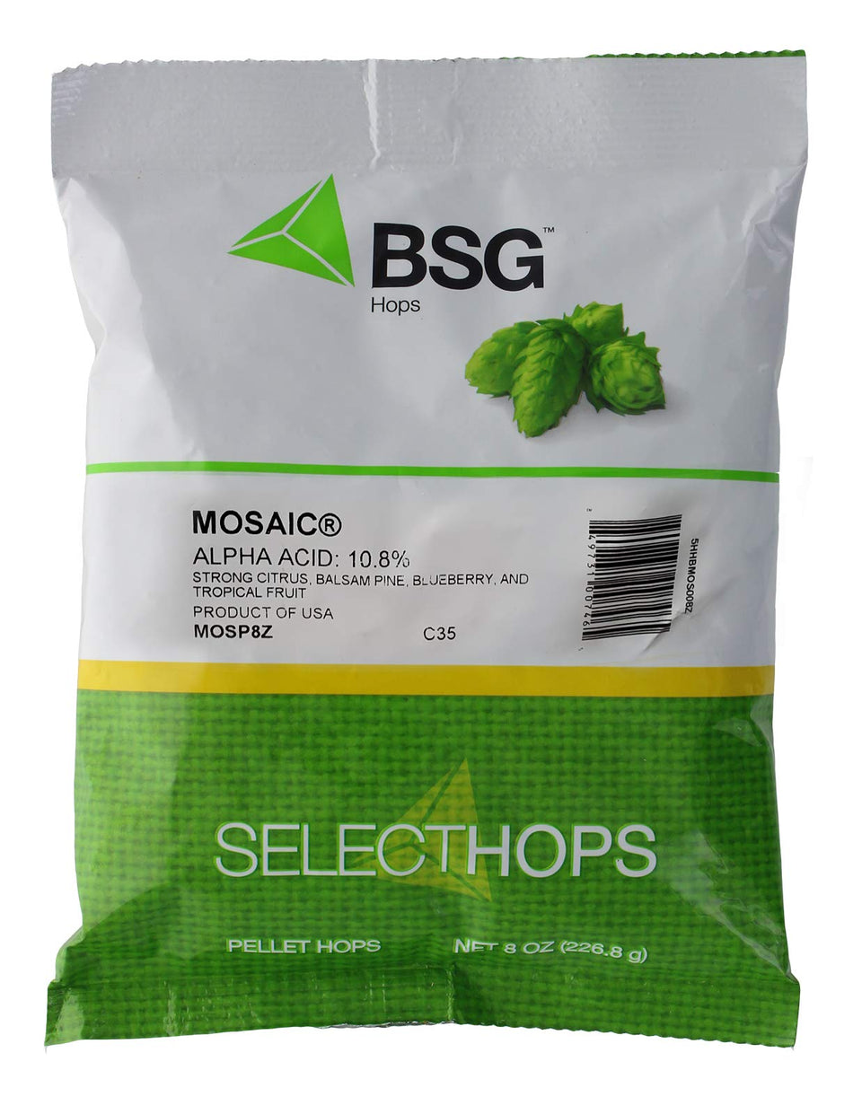 BSG Mosaic Hop Pellets 8oz packaging showcase aroma-ready hops for craft brews.