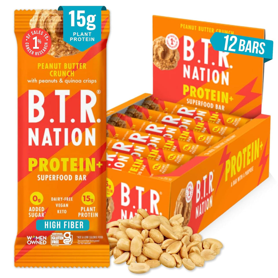 B.T.R Nation Peanut Butter Crunch Bar box showcases vegan, high-protein snack.