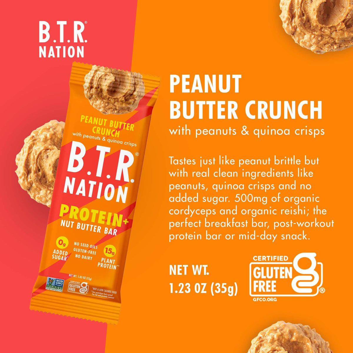Close-up of B.T.R Nation Peanut Butter Crunch Bar reveals crisp texture.