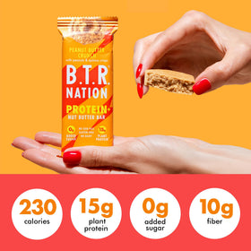Lifestyle shot of B.T.R Nation bar featuring vegan superfoods for energy.
