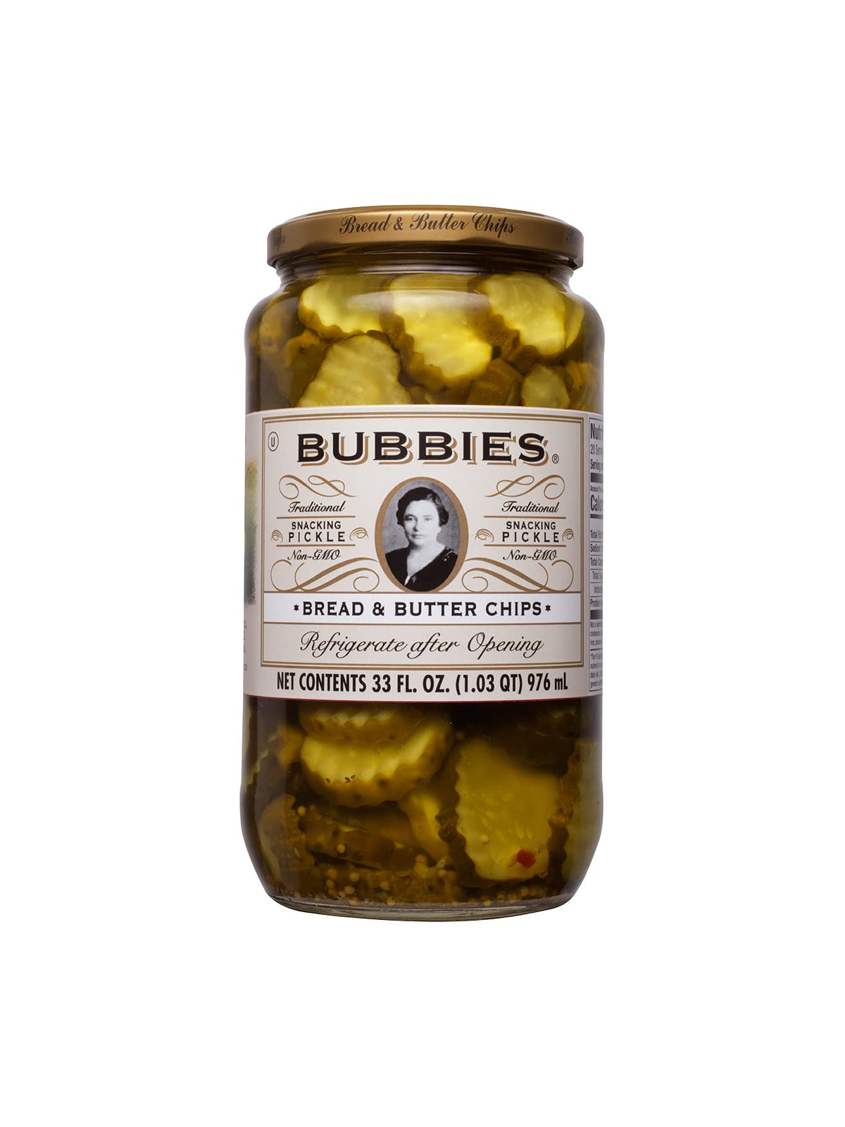Bubbies Bread and Butter chips closeup – savory flavor and crispy texture for snacking.