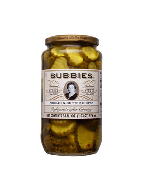 Bubbies Bread and Butter chips closeup – savory flavor and crispy texture for snacking.