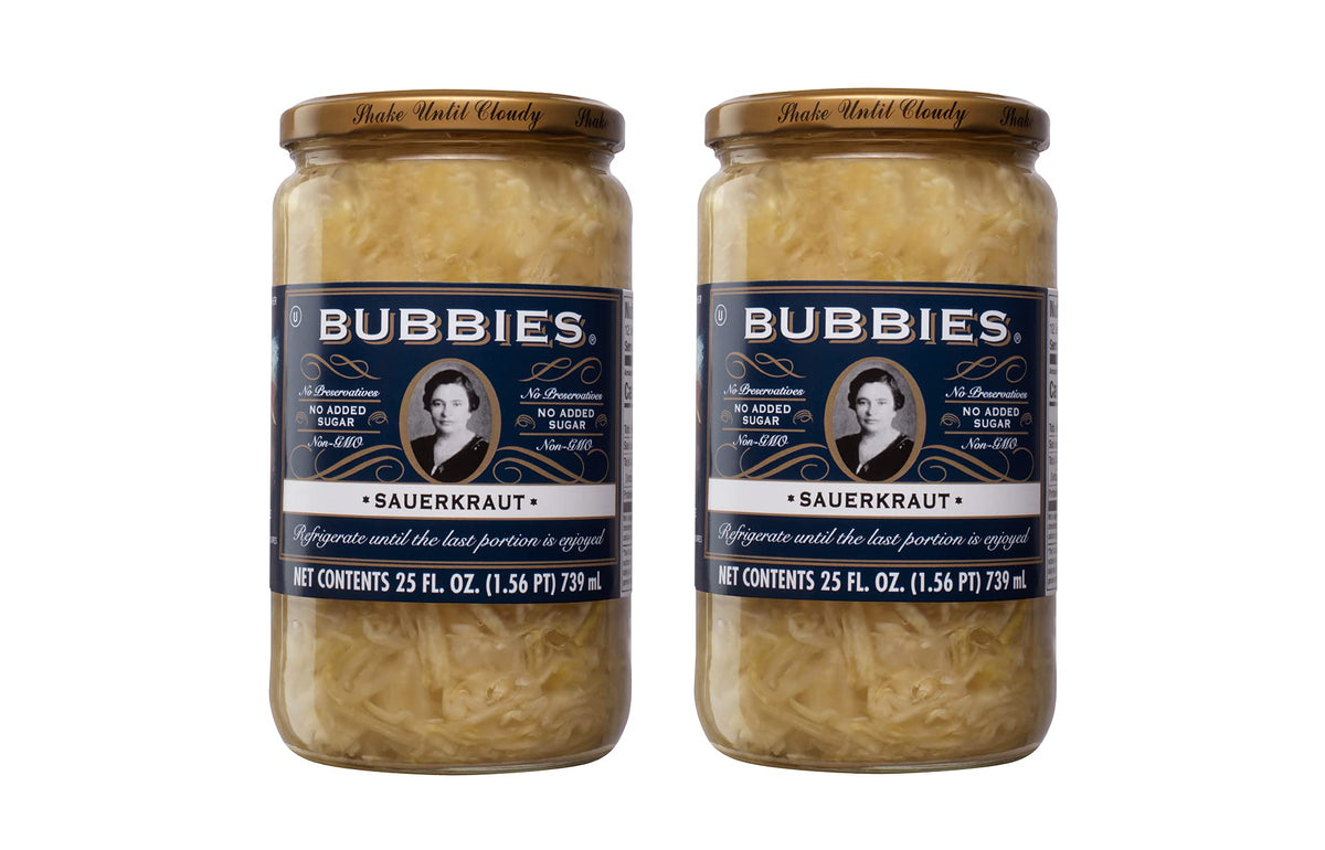 Bubbies sauerkraut jar, back view, perfect for toppings and side dishes