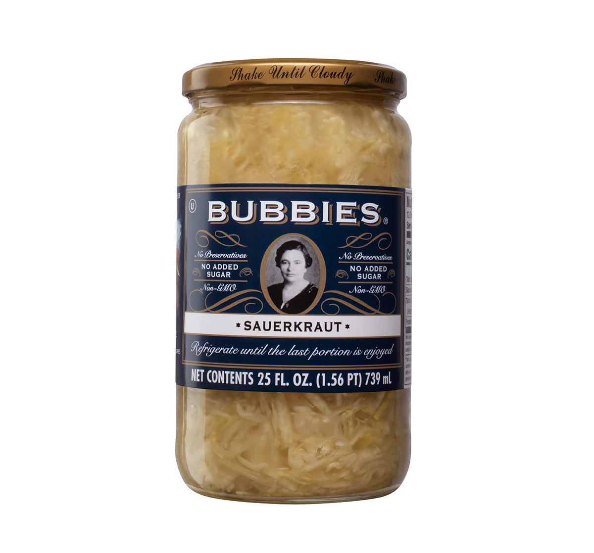 Bubbies sauerkraut jar, front view, adds tangy crunch to sandwiches