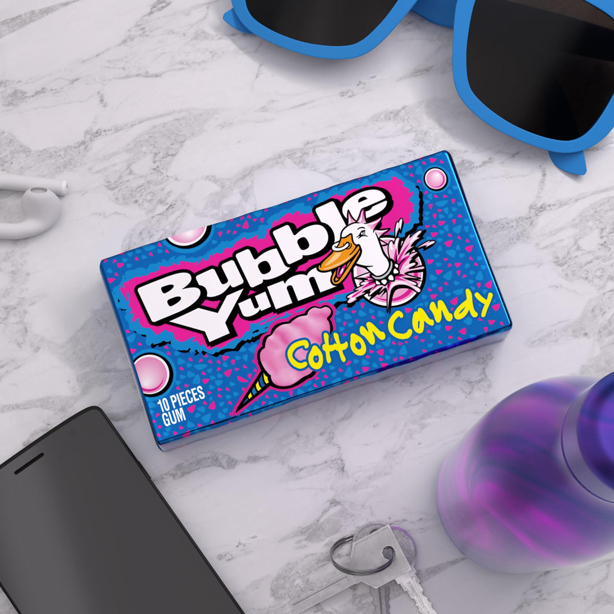 Bubble Yum cotton candy flavor bubble-blowing moment with lively fun