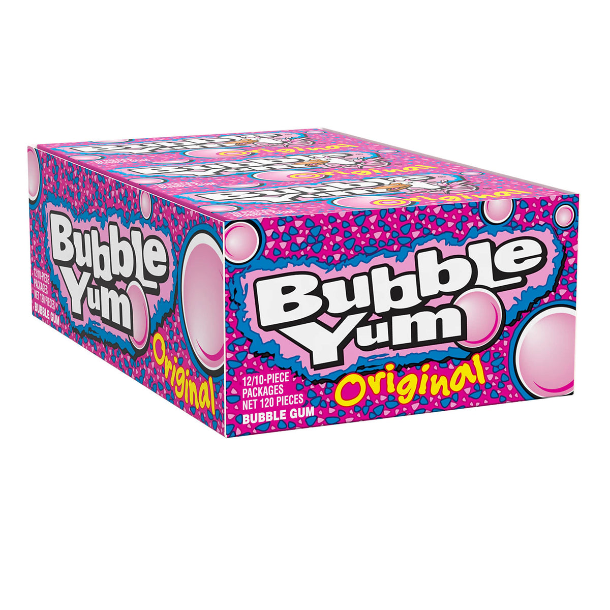 Individual 10-piece packs of Bubble Yum Original Flavor gum for convenient snacking.