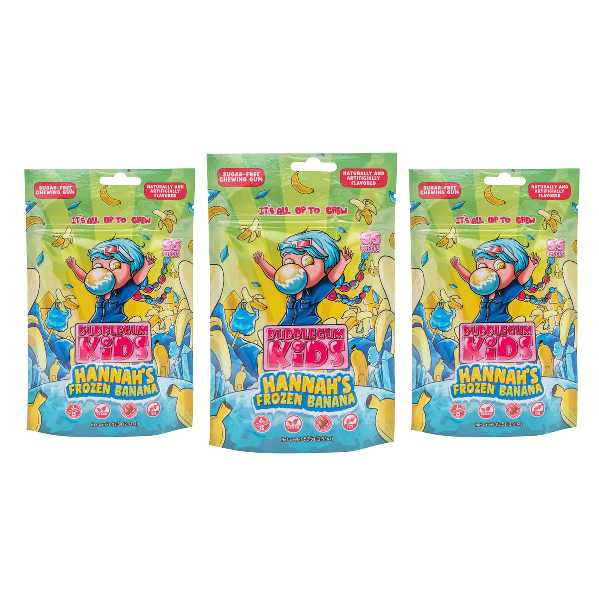Bubblegum Kids Hannah's Frozen Banana gum flavor for a refreshing bite.