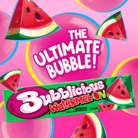 Bubblicious bubblegum mid-blow showing large bubble potential and playful moment.