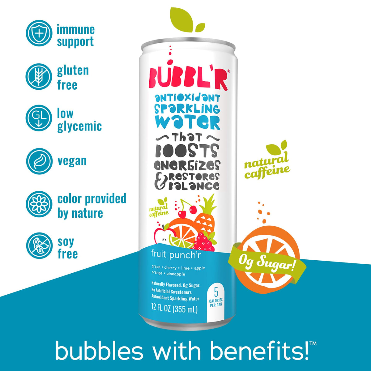 Bubbl'r Fruit Punch'r bottle tilted for on-the-go natural caffeine refreshment.
