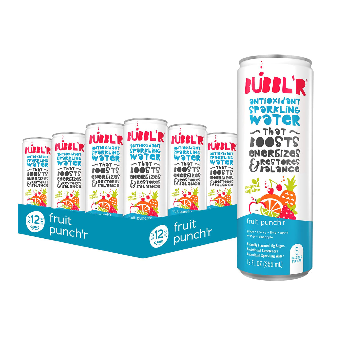 Bubbl'r Fruit Punch'r can front view highlighting natural flavors and zero sugar.