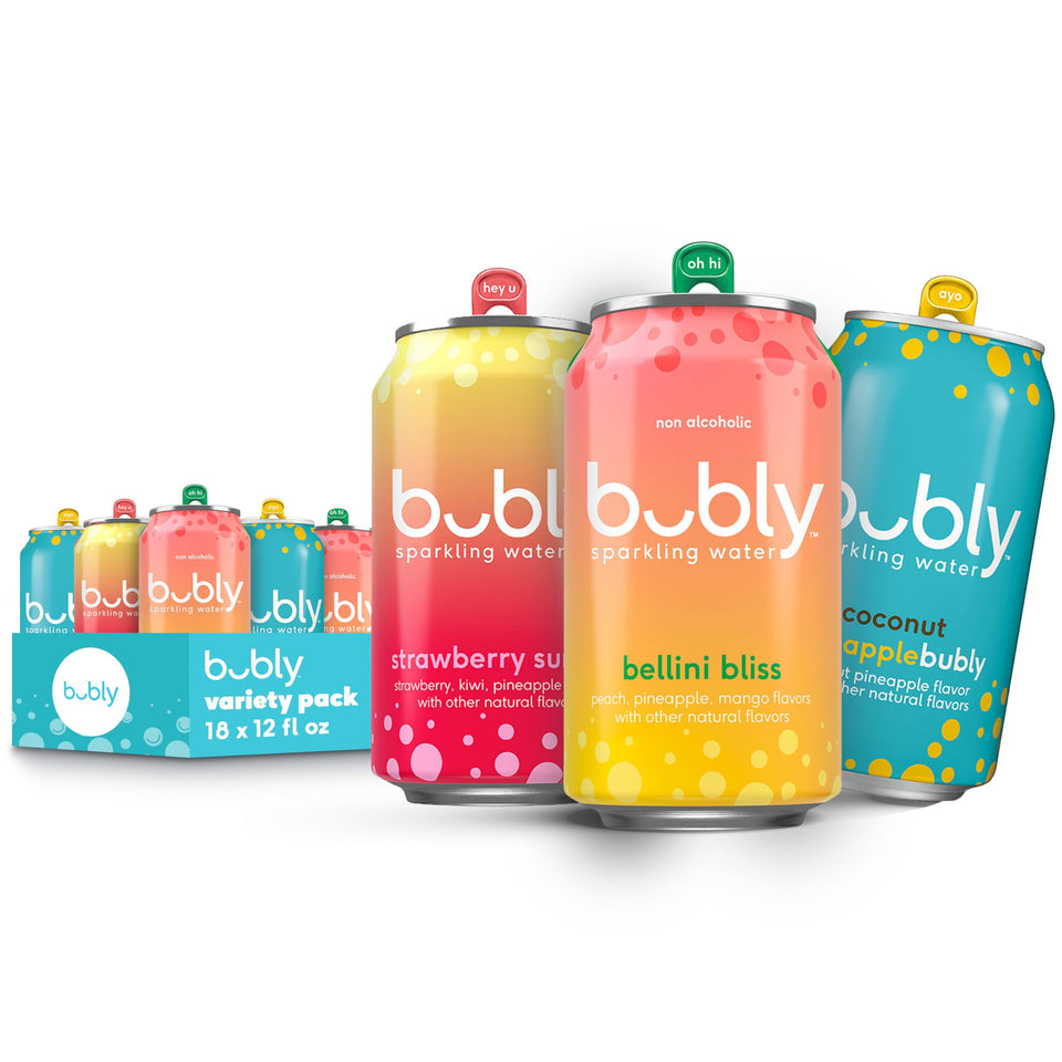 Bubly Bellini Bliss can with crisp refreshing fizz for a light, flavorful sip.
