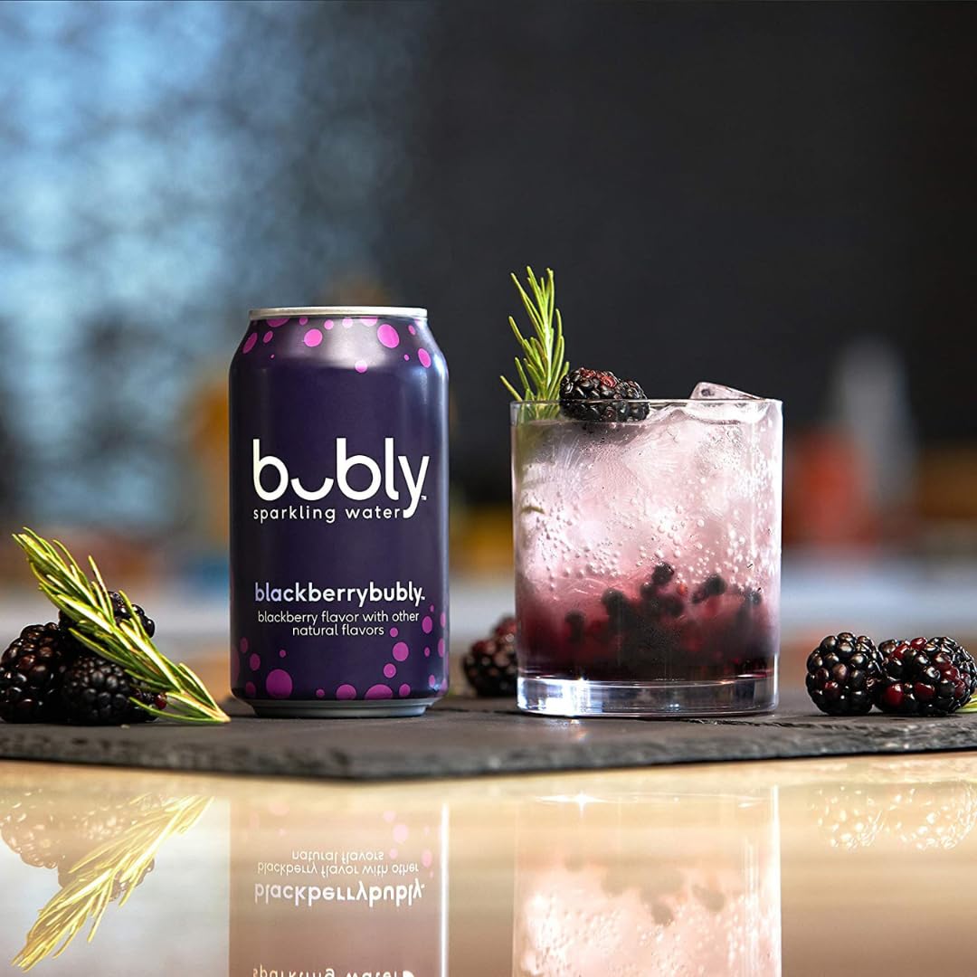 Bubly cans stacked for recycling emphasizes sustainable packaging.