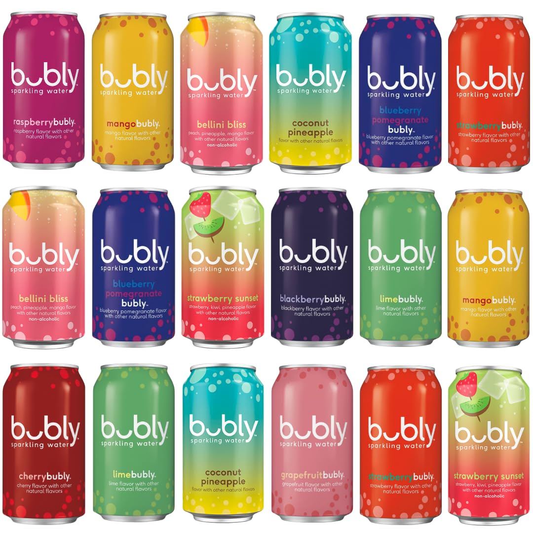 Bubly variety-pack 12oz cans on a kitchen counter offer zero-calorie refreshment.