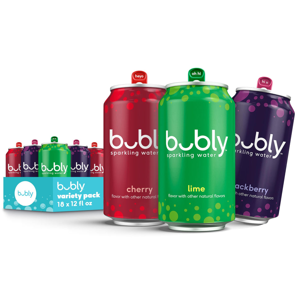 Bubly variety pack with 18 cans featuring lime, cherry, and blackberry flavors for everyday refreshment
