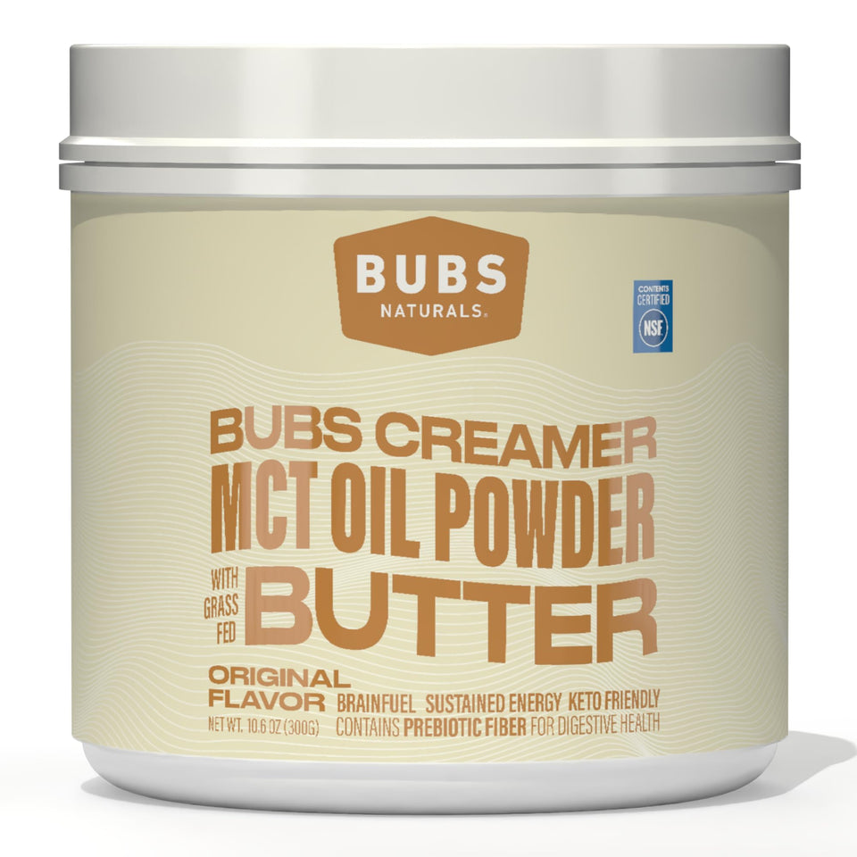 BUBS Naturals Halo Cream MCT Powder tub ready to blend into coffee as a smooth creamer.