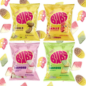 BUBS sour-strawberry-vanilla bag shows bright vegan foam candy for fun snacking.