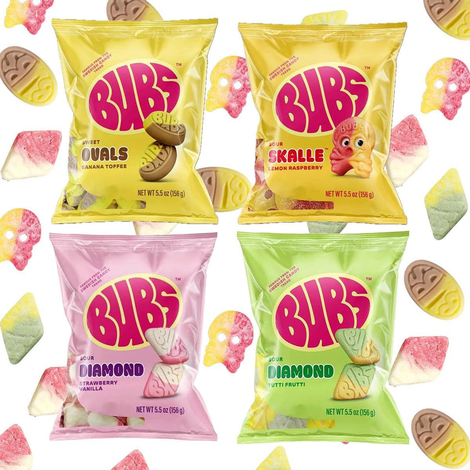 BUBS sour-strawberry-vanilla bag shows bright vegan foam candy for fun snacking.