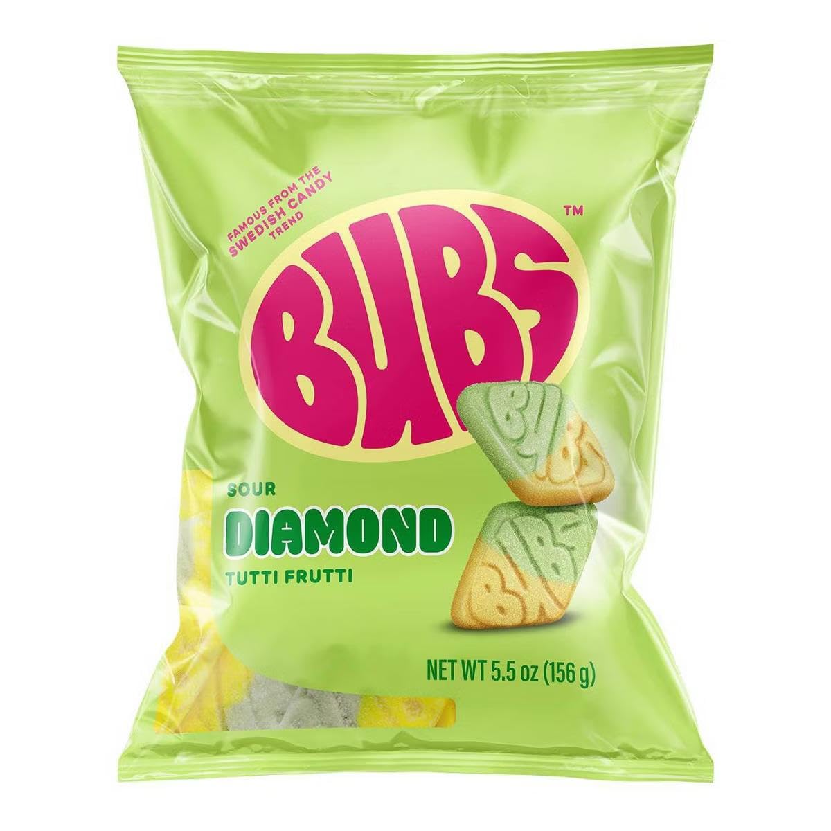 BUBS Sour Tutti Frutti Diamond Foam texture detail emphasizes vegan, allergen-free sweetness.
