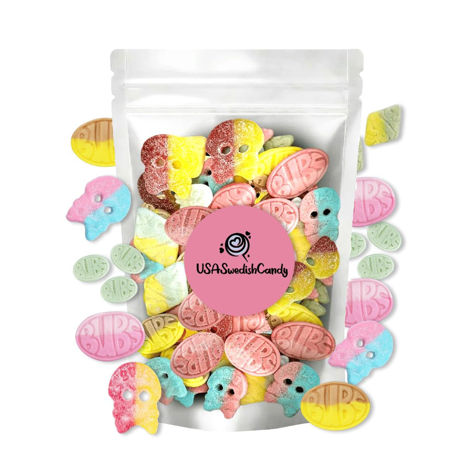 Bubs Swedish Candy Mix oval shapes, soft and chewy gummies.