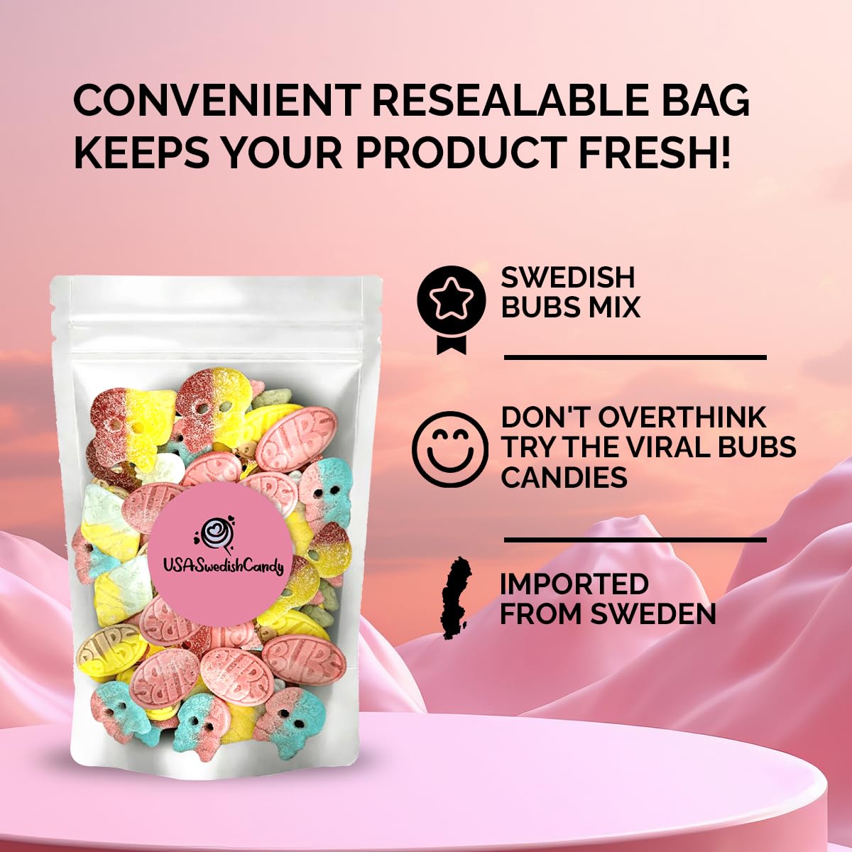 Bubs Swedish Candy Mix skull shapes, playful gummies for snacking.