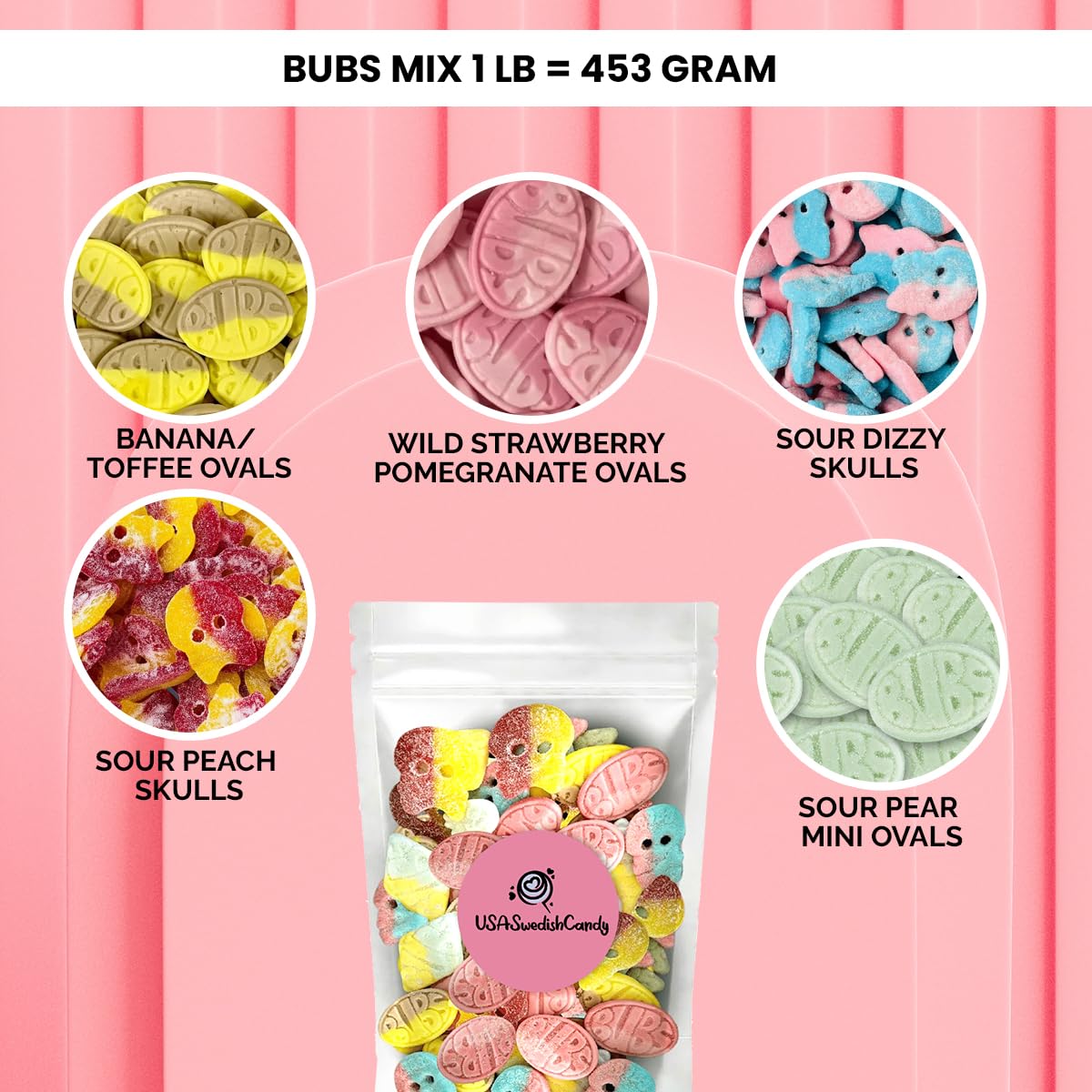 Bubs Swedish Candy Mix tutti frutti flavors, vibrant Swedish gummies.