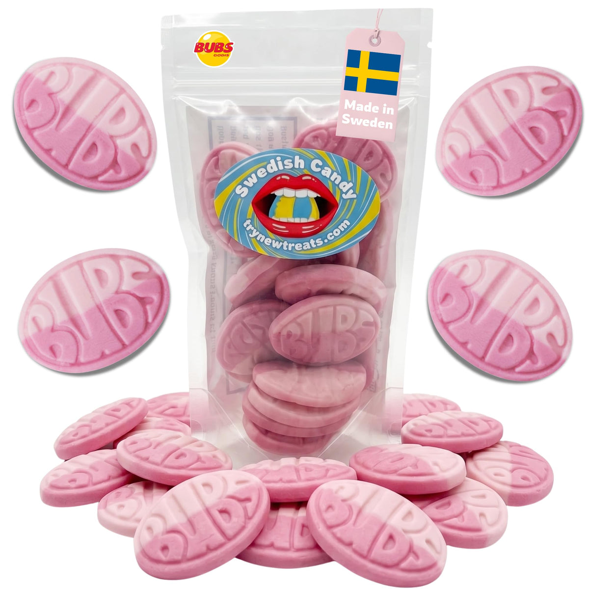 Bubs Wild Berry Pomegranate Ovals in packaging, authentic Swedish candy for gifting.