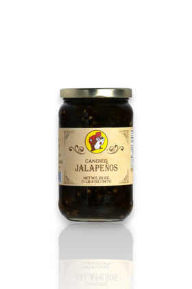Buc-ee's Candied Jalapenos jar front displays a glossy glaze, perfect as a topping.