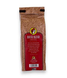 Buc-ee's House Blend cup beside bag, showcasing versatile medium roast for mornings.