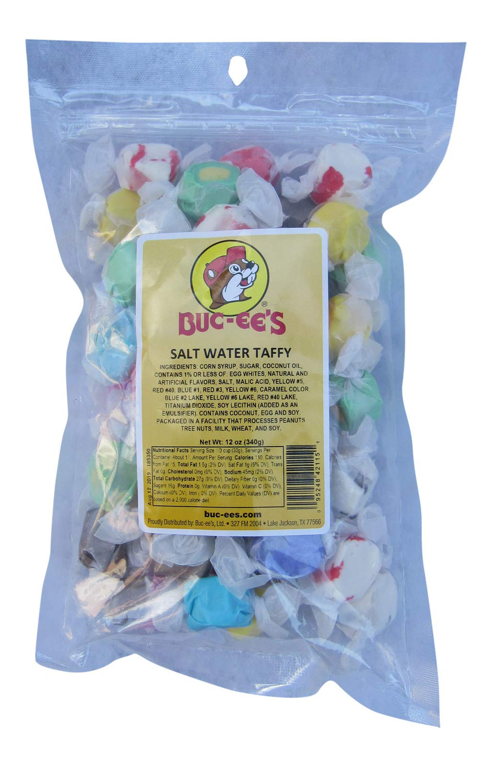 Buc-ee's assorted gourmet salt water taffy 12 oz bag, ideal for road trips and sharing