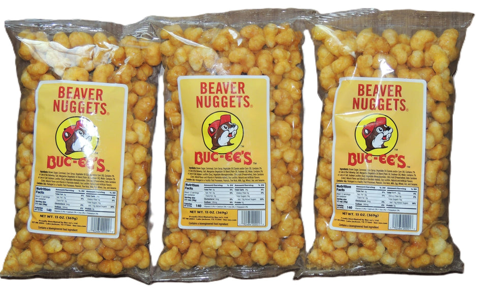 Buc-ee's Beaver Nuggets 13oz pack; crunchy corn puff snack for on-the-go.