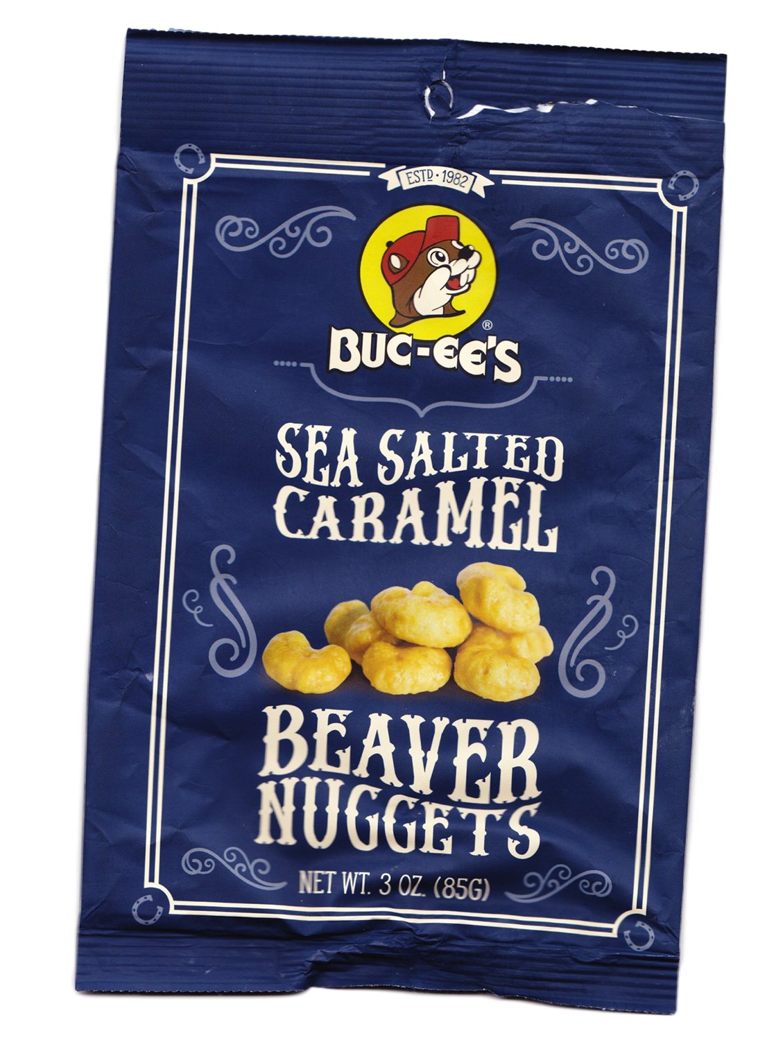 Buc-ee's Beaver Nuggets sea salted caramel packaging on display, ideal for on-the-go snacking.