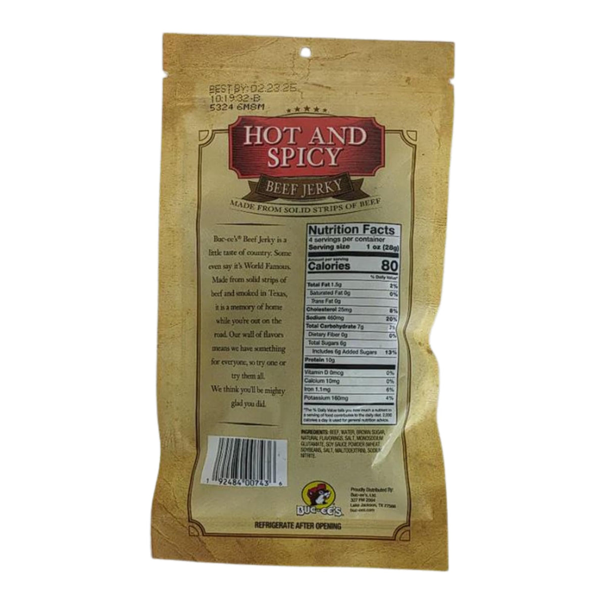 Buc-ee's beef jerky close-up shows smoky slices with bold heat, ideal for on-the-go snacking.