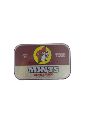 Buc-ee's cinnamon mints bottle pour shot emphasizing gluten-free, sugar-free snacking