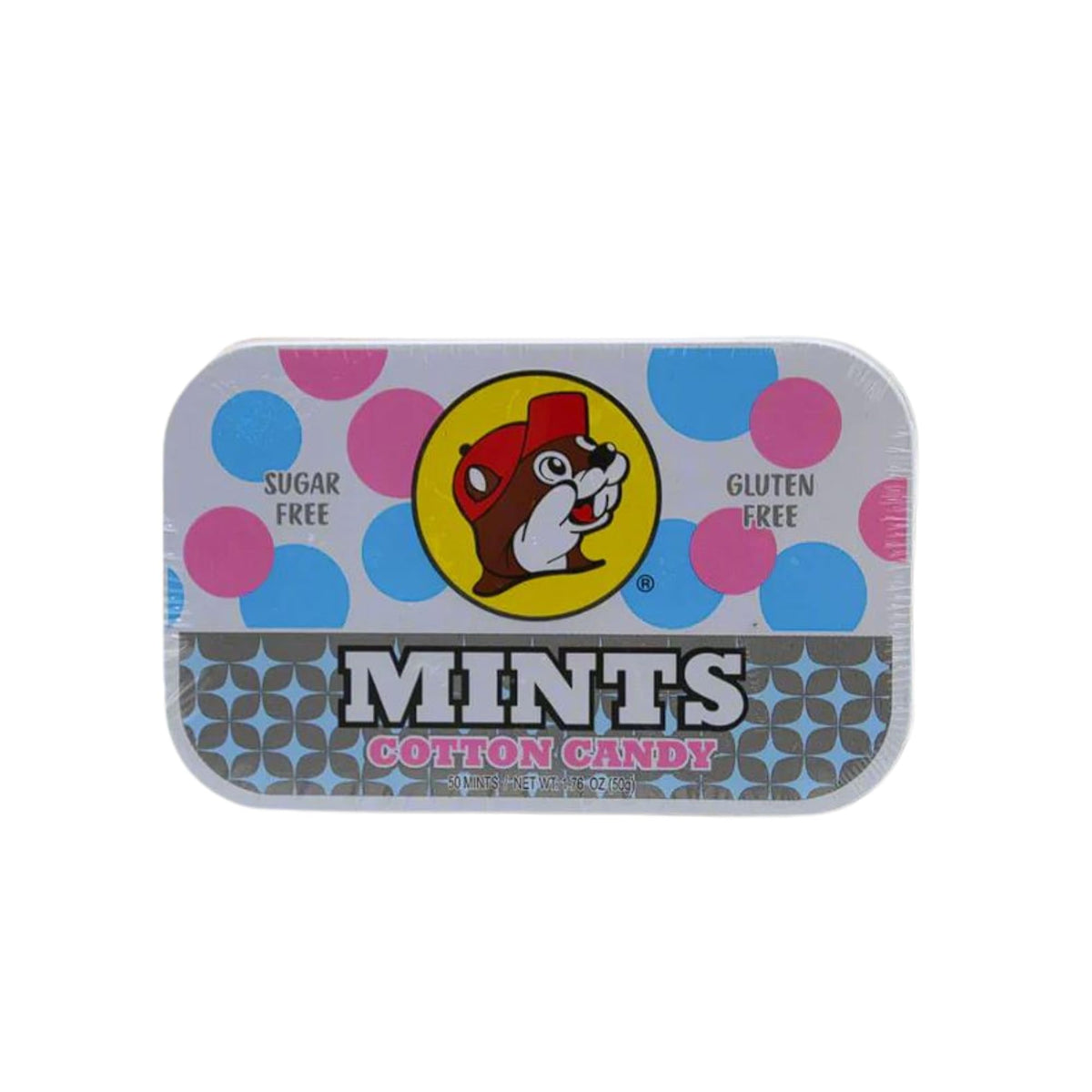 Buc-ee's Fresh Breath Mints gluten-free tin on the go with colorful mints.