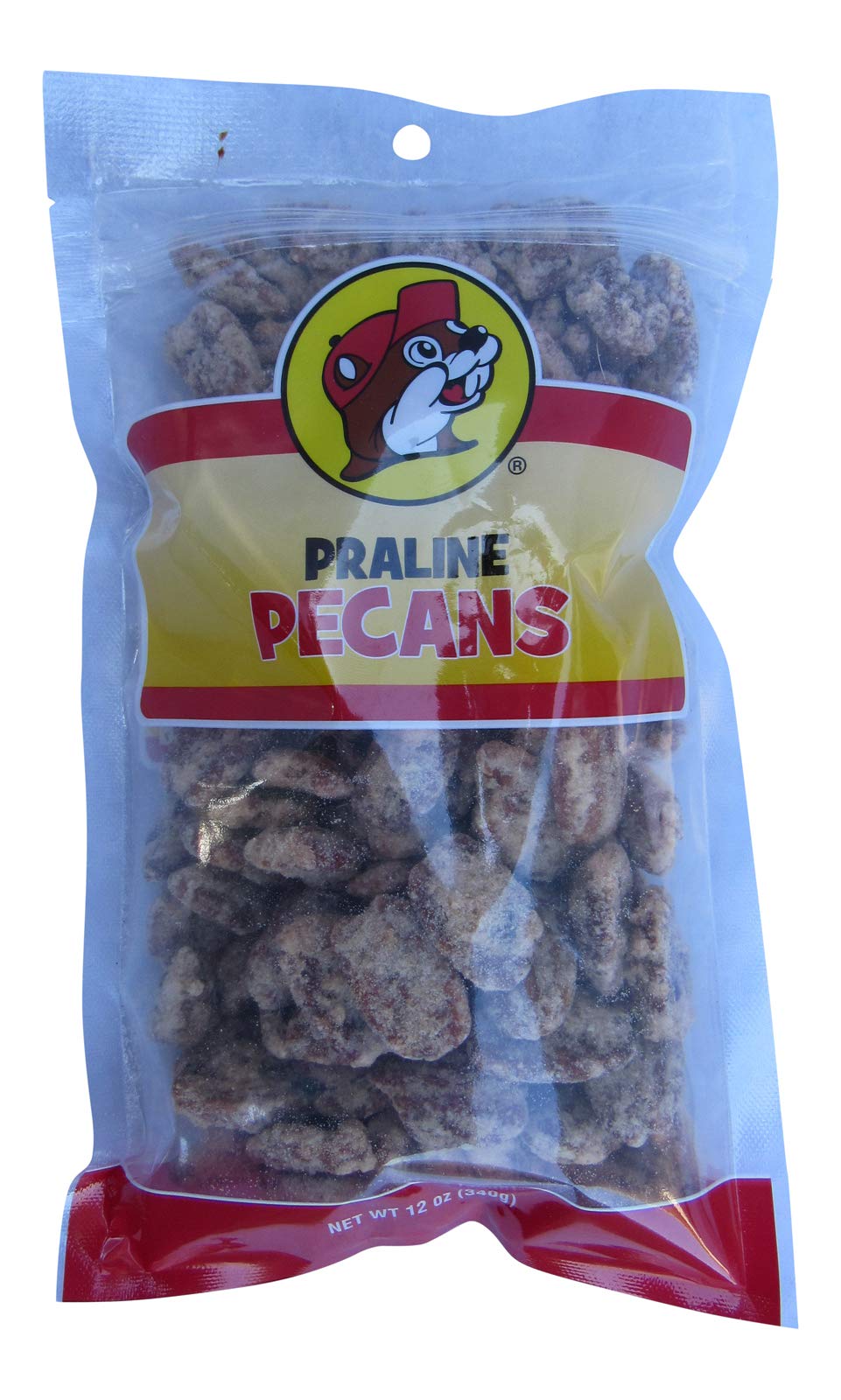 Buc-ee's glazed pecan praline halves in a resealable bag, perfect for snacking