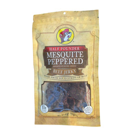 Buc-ee's Mesquite Peppered Beef Jerky package front view, protein-packed snack for travel.