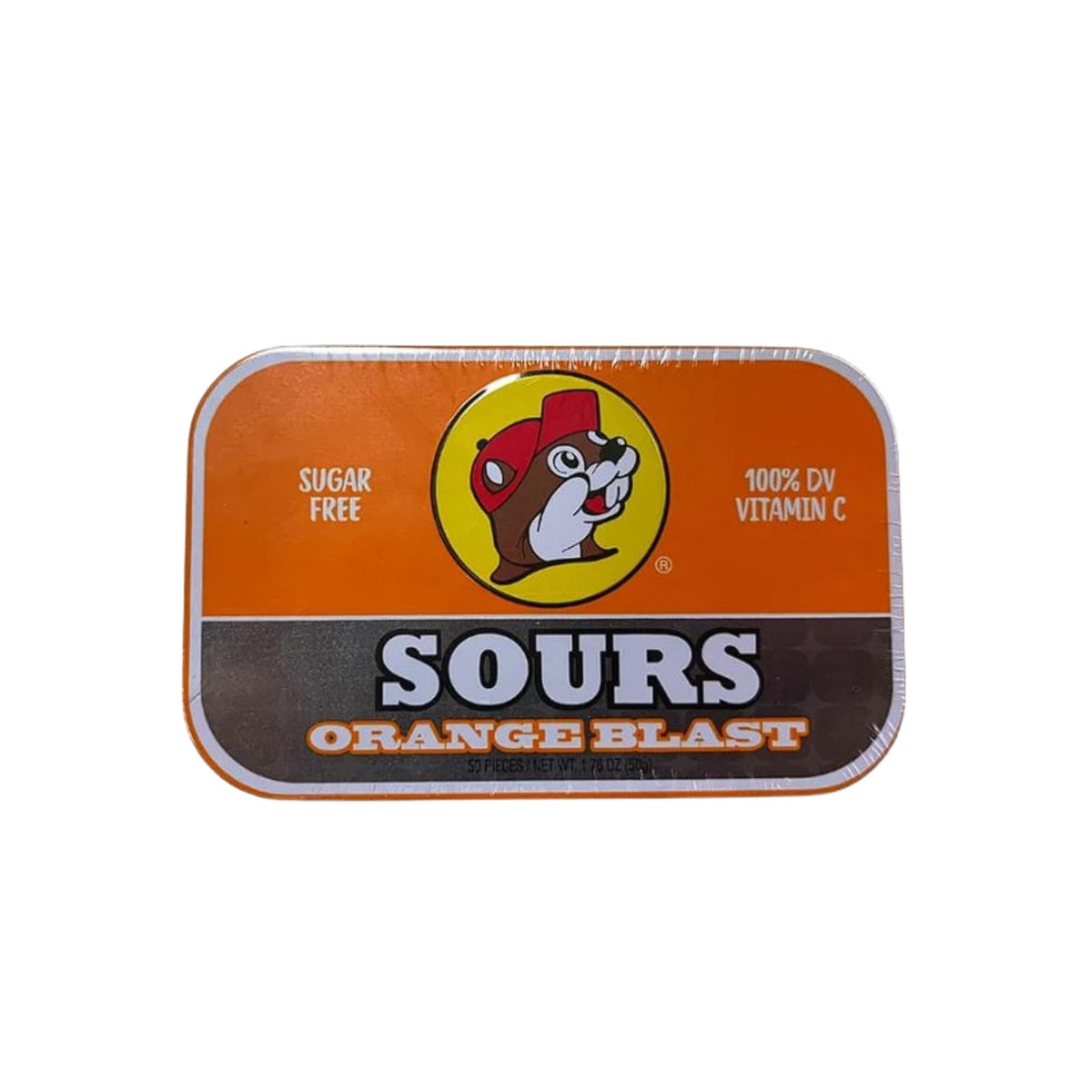 Buc-ee's Orange Sours mints closeup, vibrant flavor with sour bite