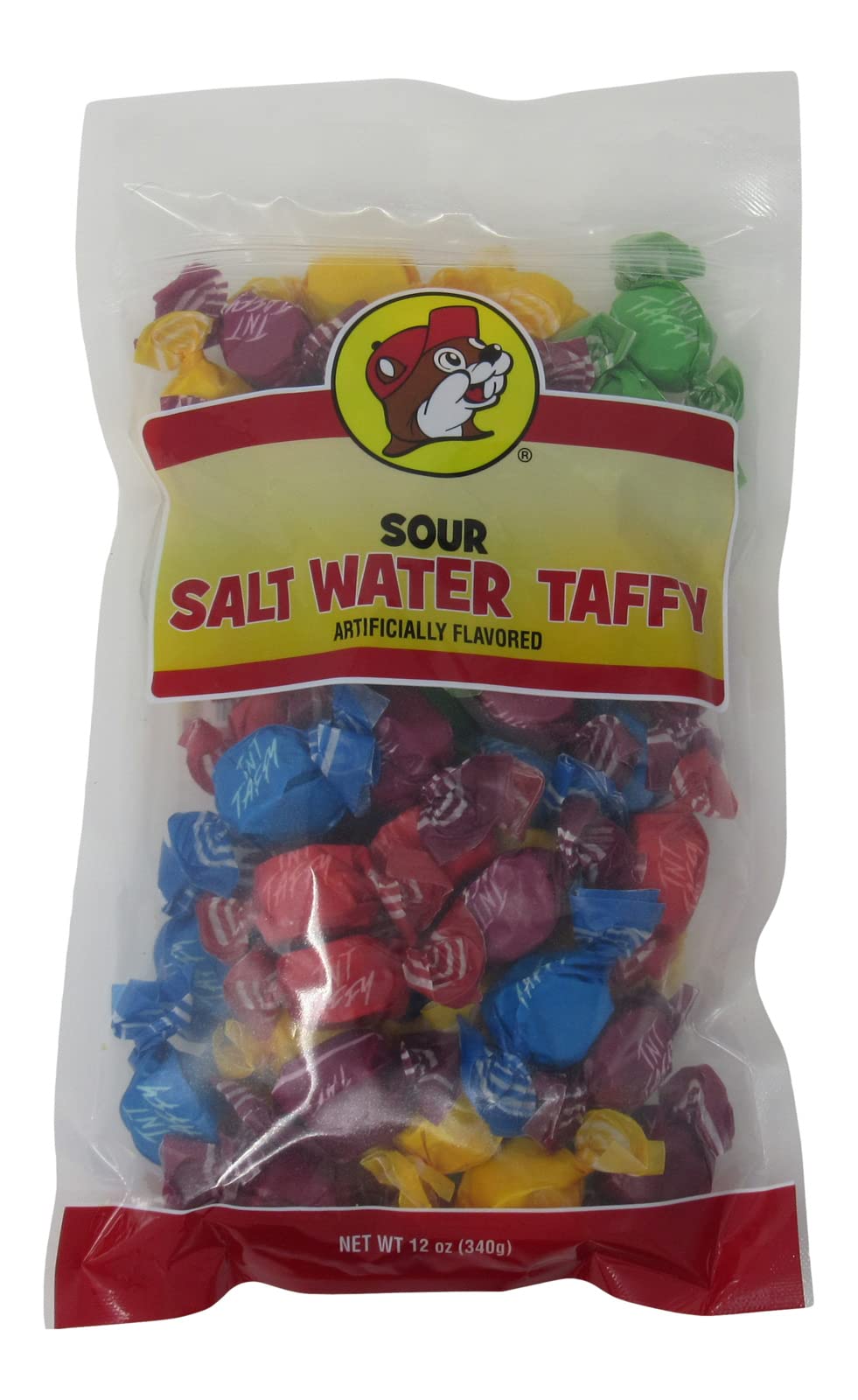 Buc-ee's sour salt water taffy resealable bag preserves freshness for road trips.