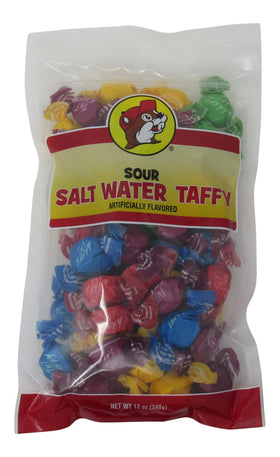 Buc-ee's sour salt water taffy resealable bag preserves freshness for road trips.