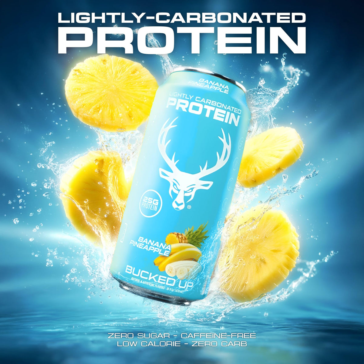 Bucked Up Banana Pineapple flavor can close-up, vibrant taste.