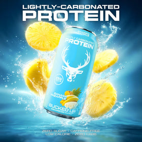 Bucked Up Banana Pineapple flavor can close-up, vibrant taste.