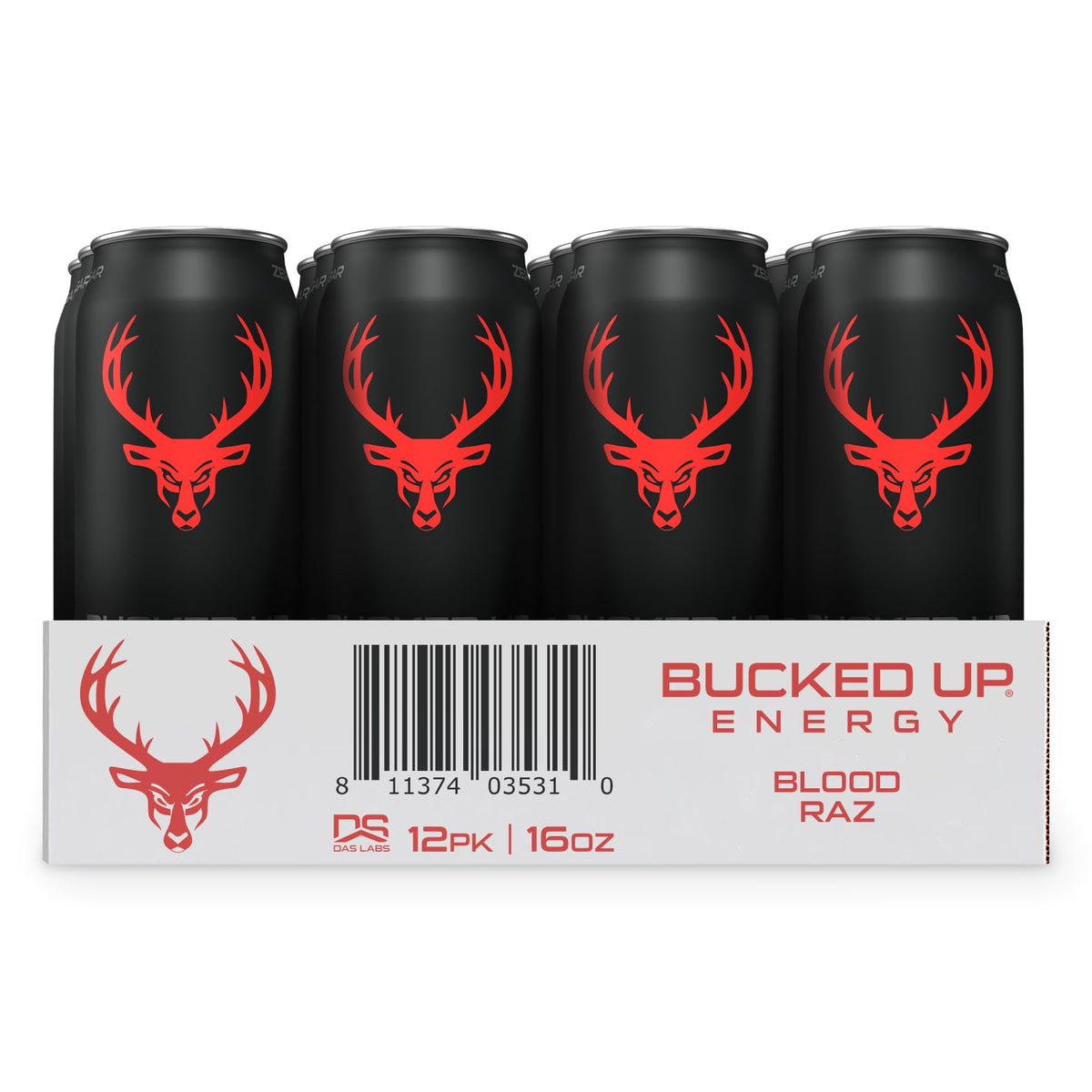 12-pack display of Bucked Up Blood Raz energy drinks for gym bags