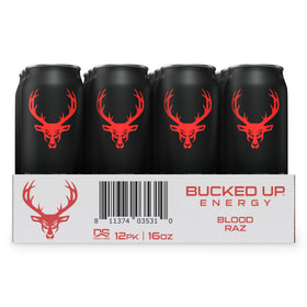 12-pack display of Bucked Up Blood Raz energy drinks for gym bags