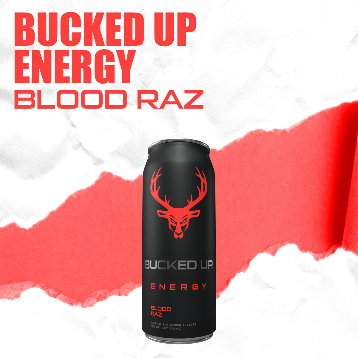 Angle shot of Bucked Up Blood Raz energy can ready for workouts